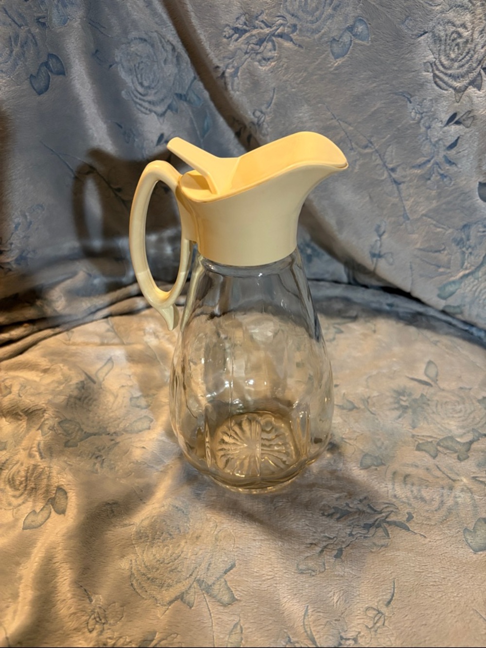 Vintage Glass Pitcher with Cream Plastic Lid